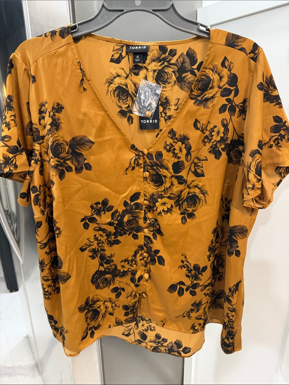 torrid Mustard and Black Floral V-Neck Shirt